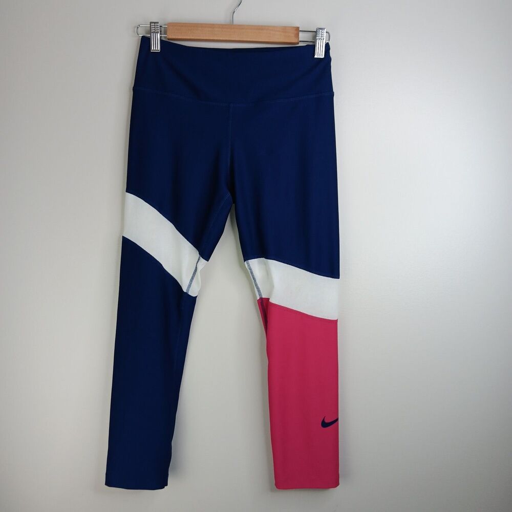 Nike Womens Leggings Colorblock Dri-Fit Mesh Insert Navy Pink White Size Small